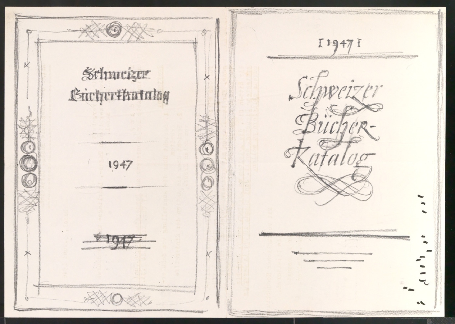Skizzenentwürfe von Titelblatt für Schweizer Bücher-Katalog 1946-1947 — Blatt 1