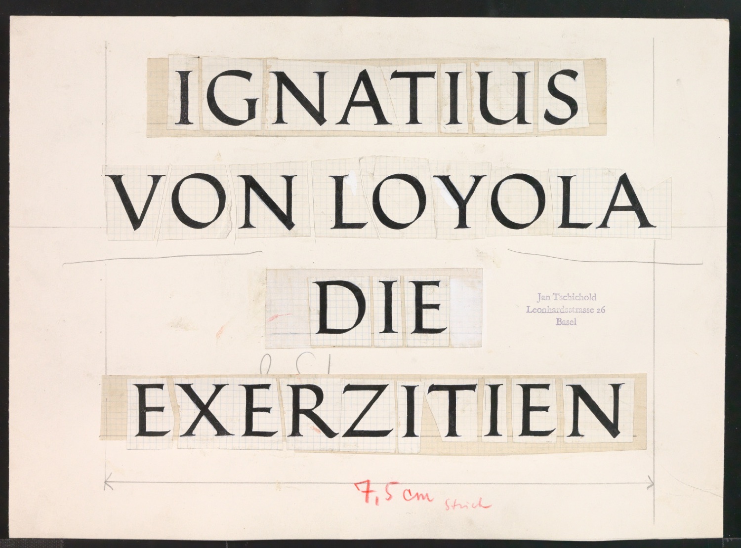 Klebeentwurf für den Titel von Die Exerzitien — Blatt 1