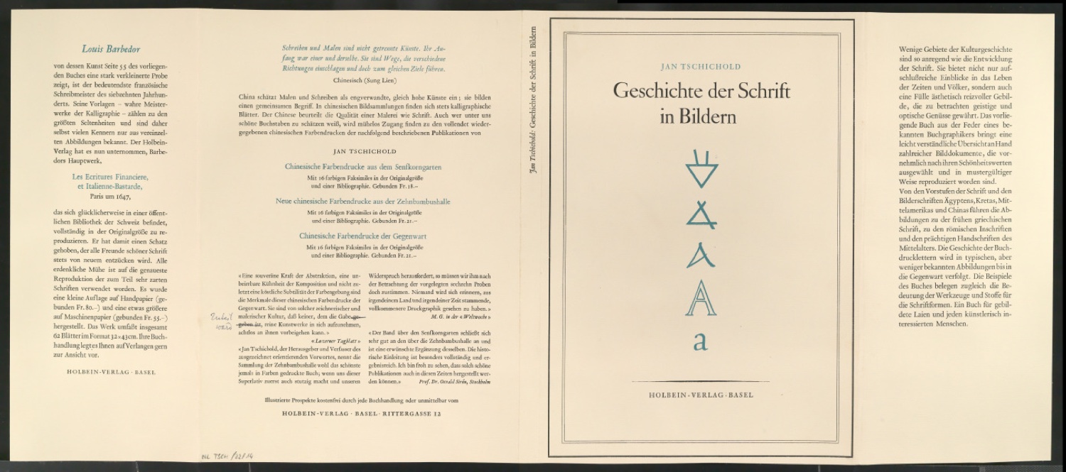 Korrigierter Schutzumschlag von Geschichte der Schrift in Bildern, 2. Auflage. — Blatt 1