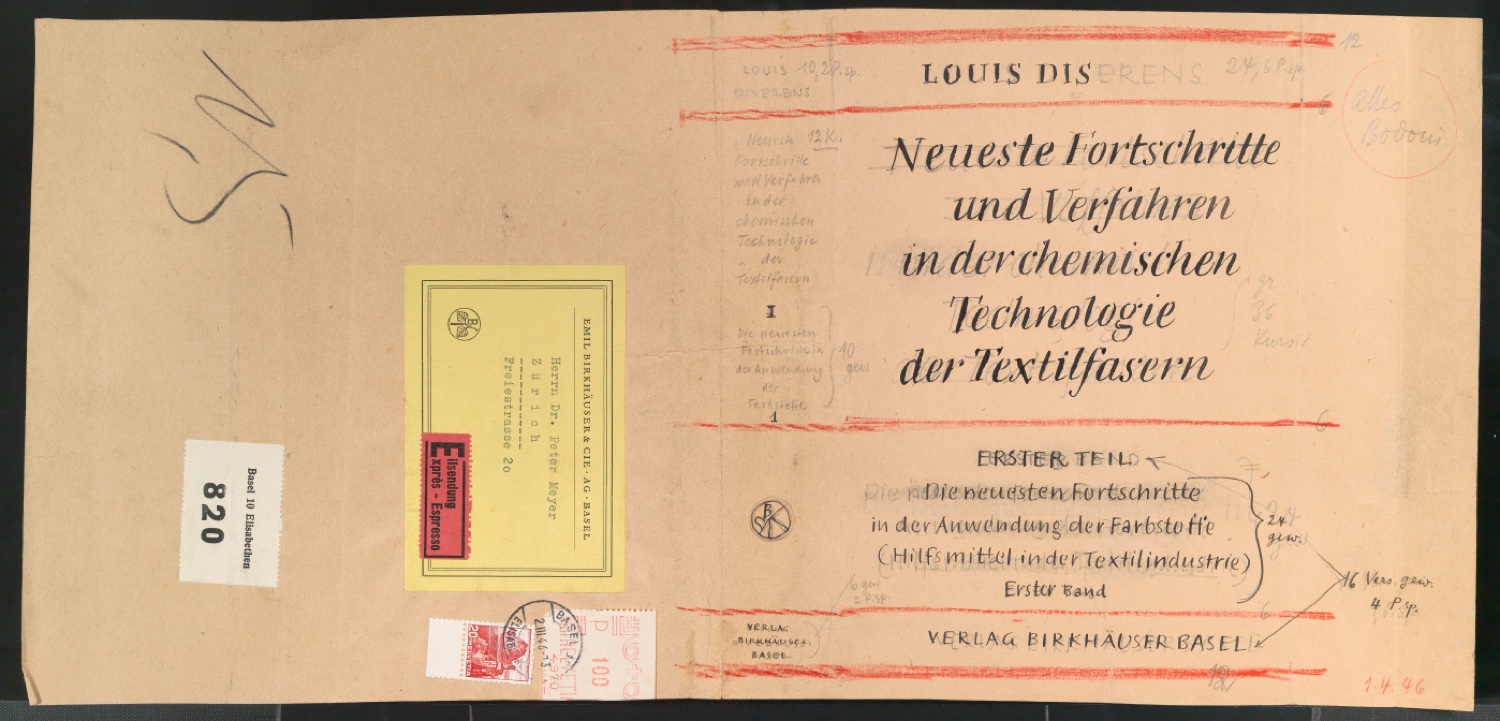 Entwurf für den Schutzumschlag von Die neuesten Fortschritte in der Anwendung der Farbstoffe — Blatt 1