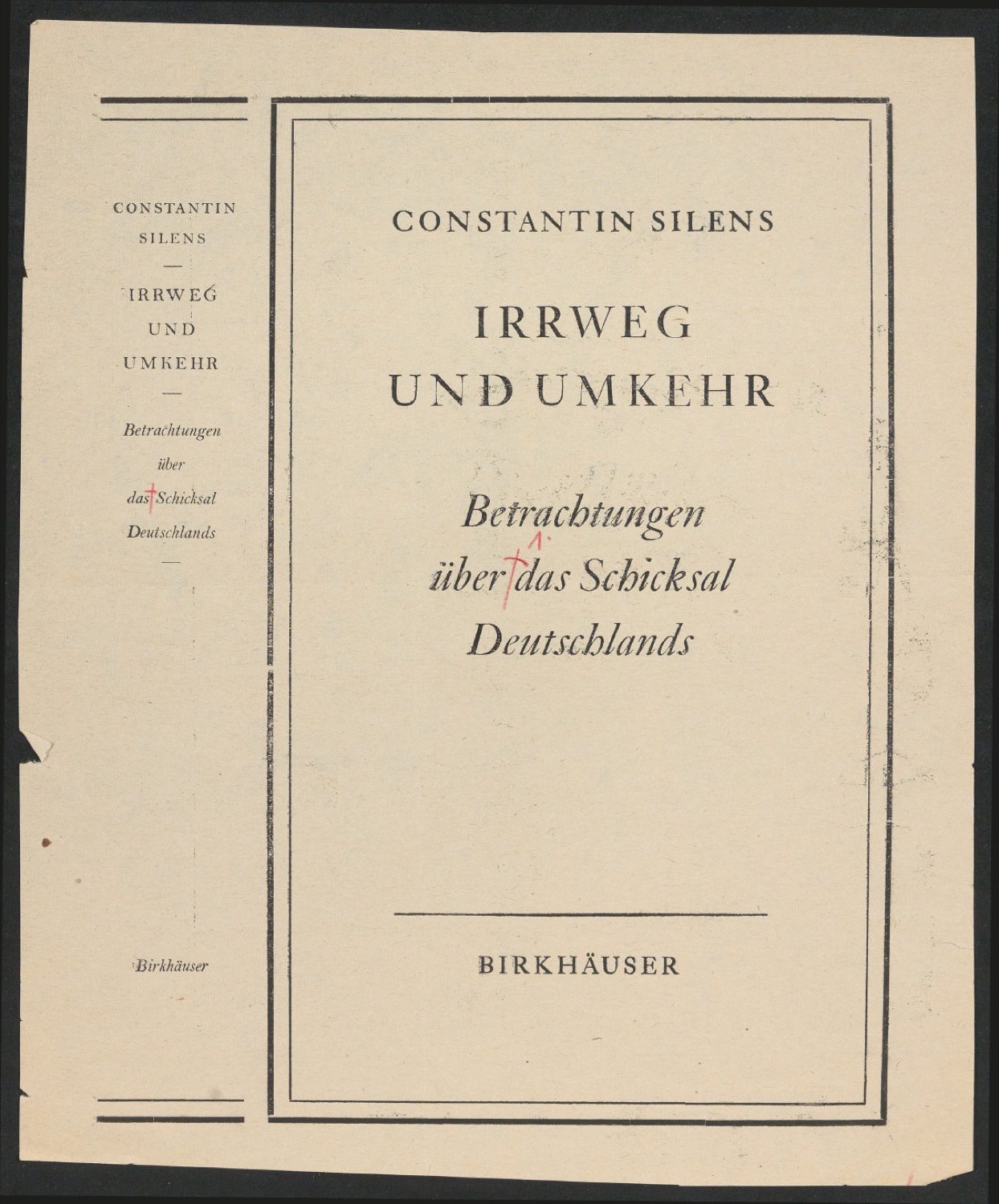 Korrigierter Probedruck für den Schutzumschlag von Irrweg und Umkehr — Blatt 1