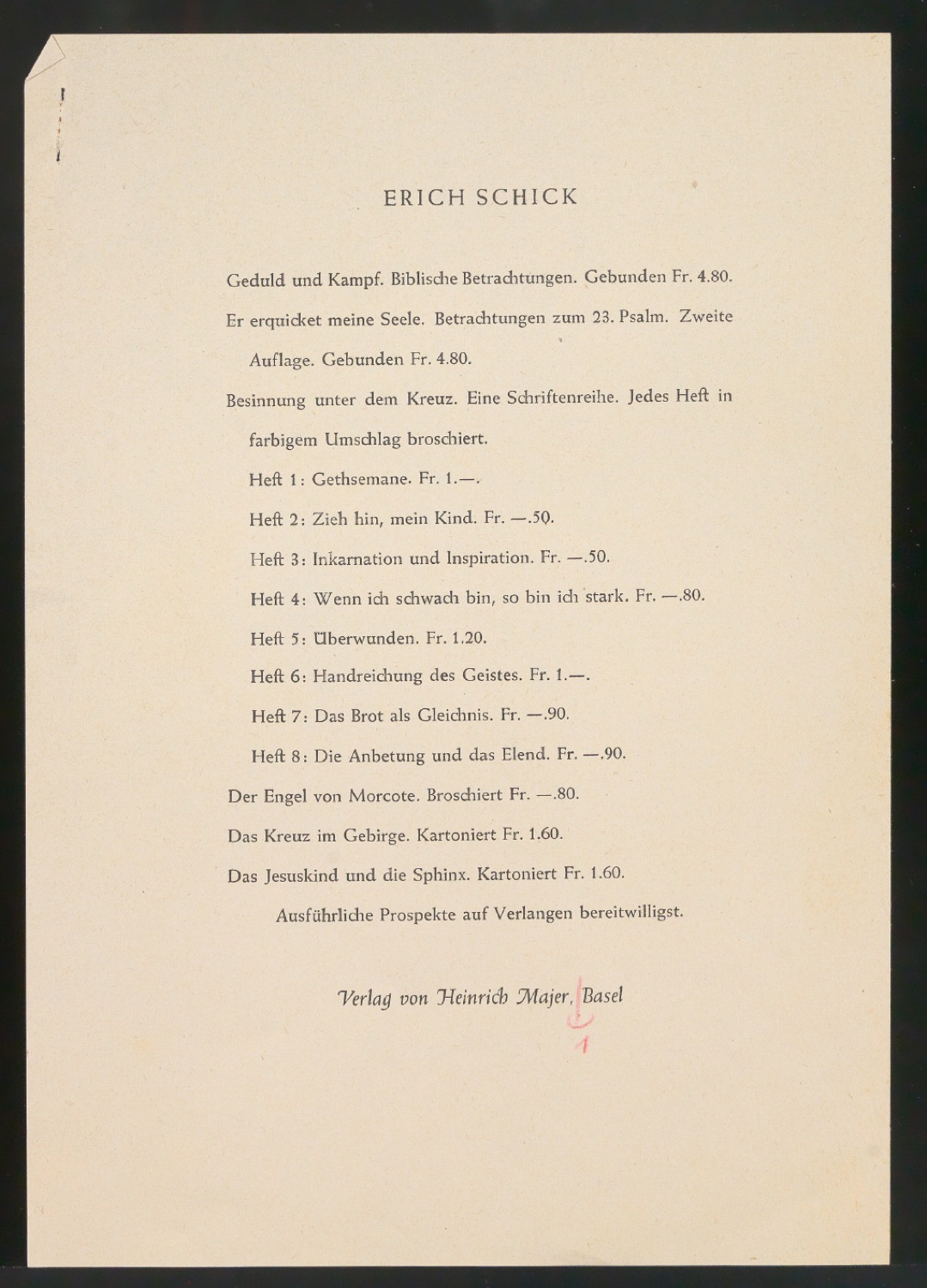 Verlagprogramm Erich Schick im Verlag Heinrich Majer — Blatt 1