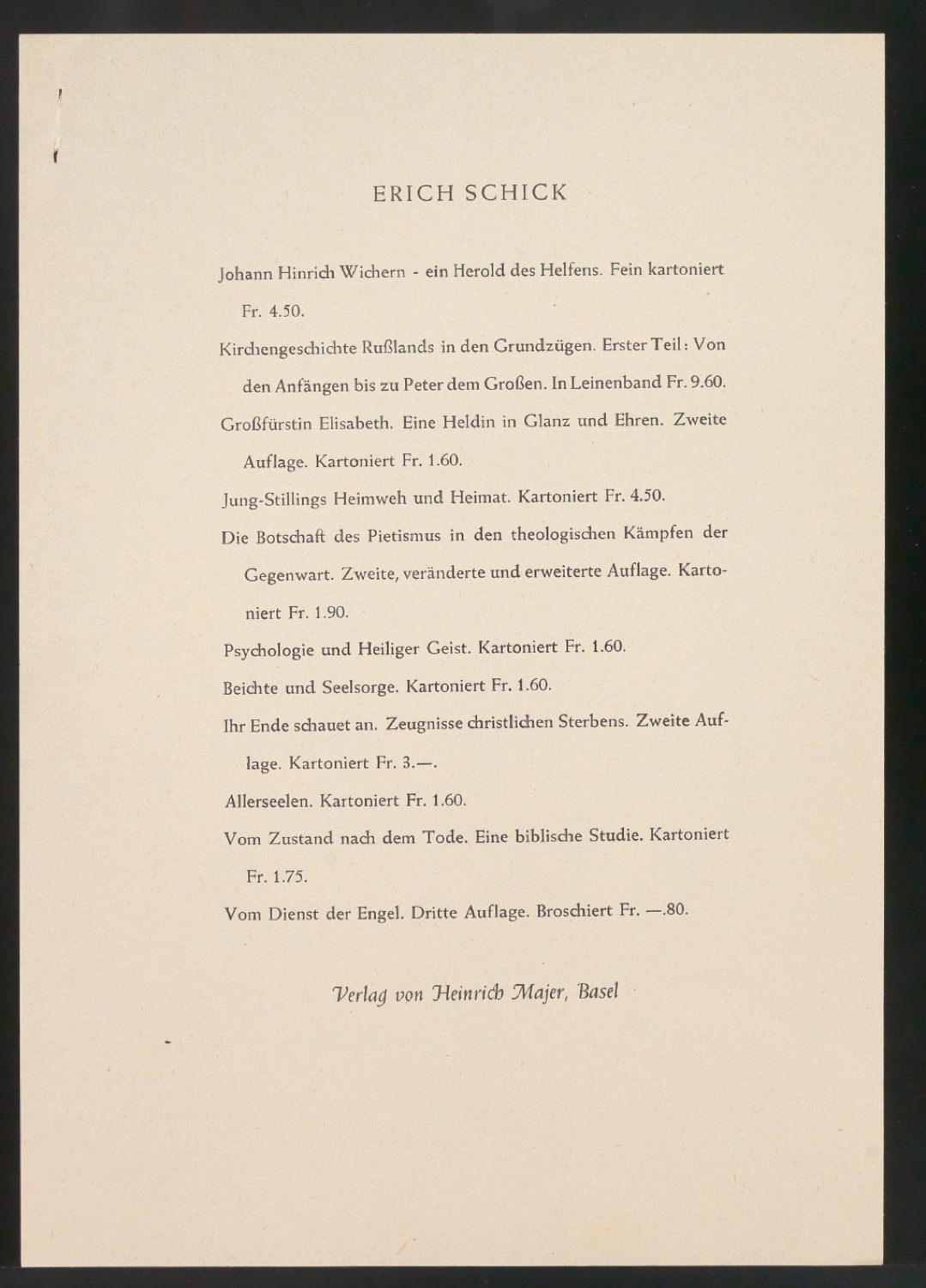 Verlagprogramm Erich Schick im Verlag Heinrich Majer — Blatt 3