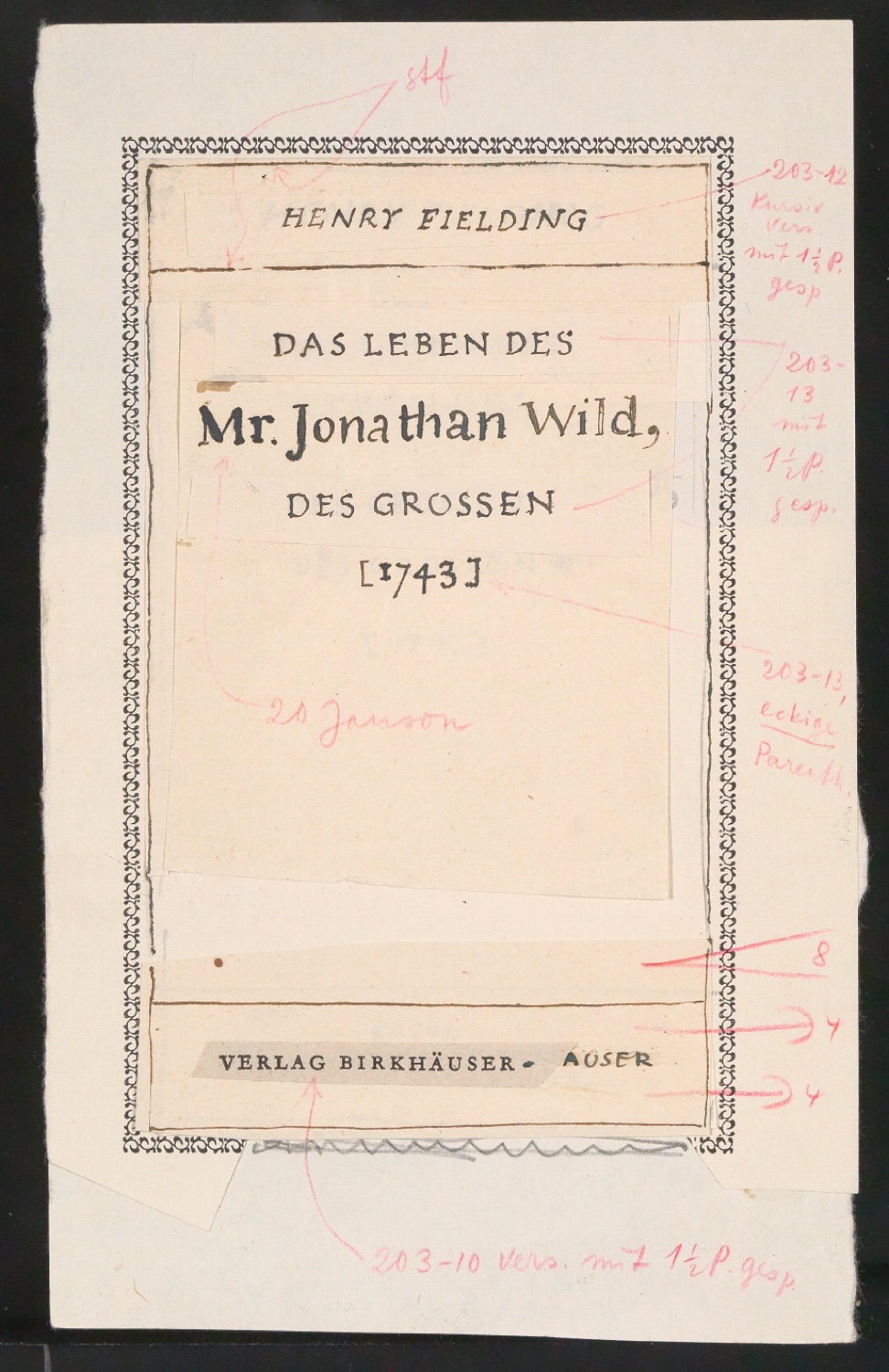 Entwurf für das Titelblatt von Das Leben des Mr. Jonathan Wild, des Großen — Blatt 1