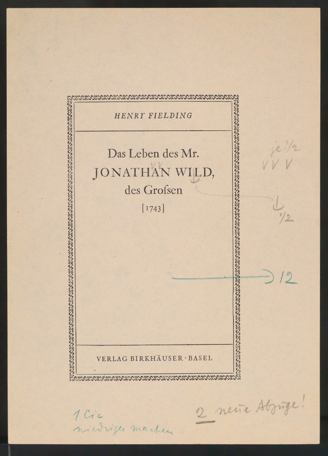 Korrekturfahnen von Titelblatt für Das Leben des Mr. Jonathan Wild, des Großen — Blatt 5