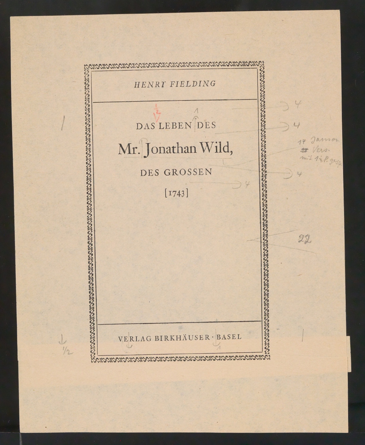 Korrekturfahnen von Titelblatt für Das Leben des Mr. Jonathan Wild, des Großen — Blatt 9