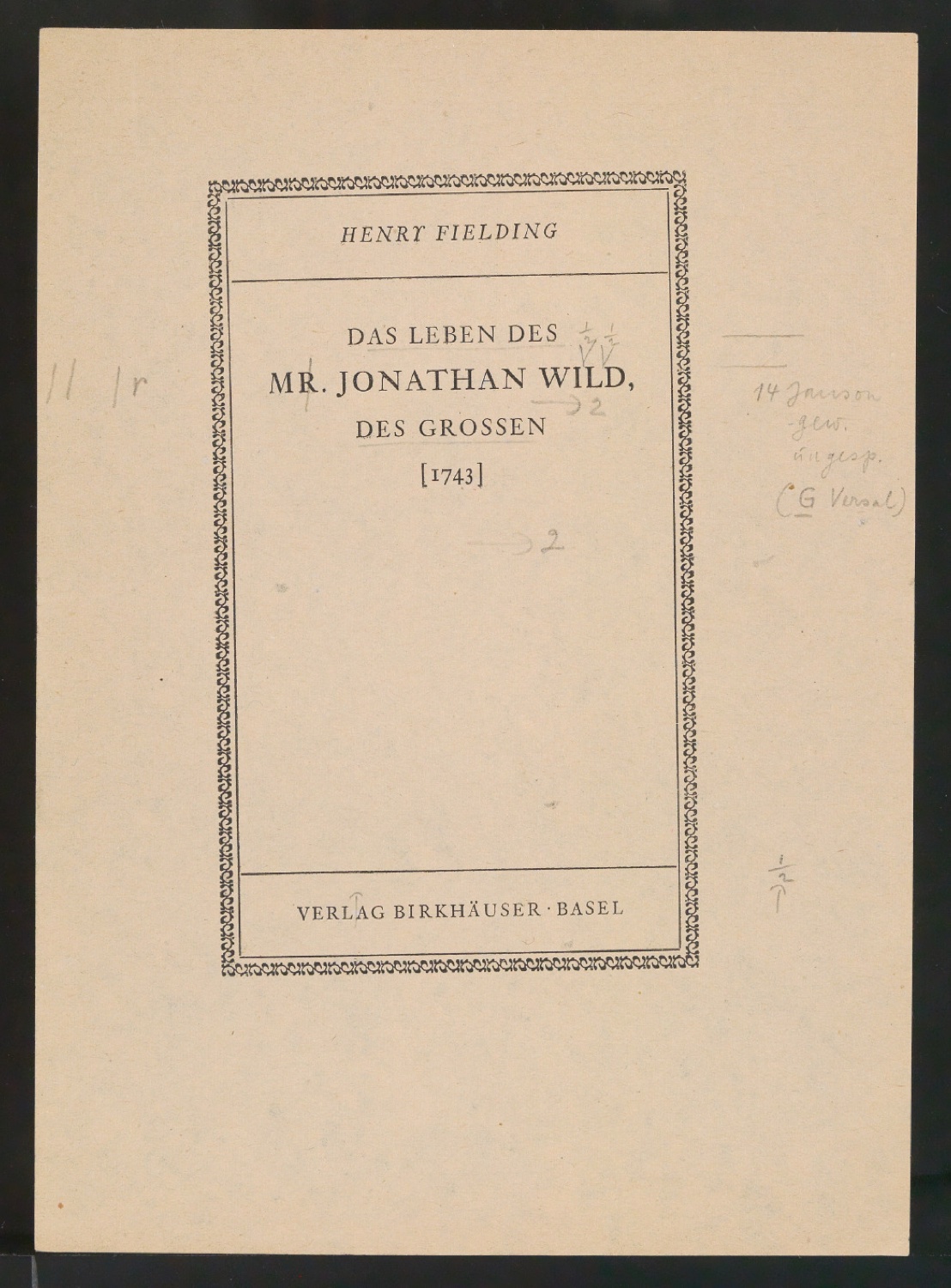 Korrekturfahnen von Titelblatt für Das Leben des Mr. Jonathan Wild, des Großen — Blatt 11
