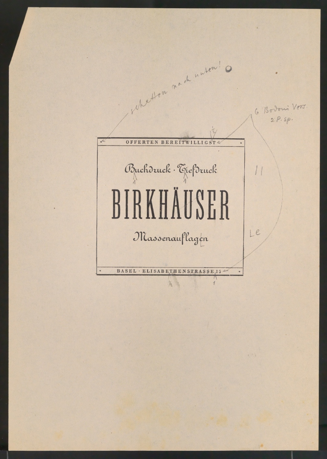 Entwurfsskizze und Probedruck für Werbeanzeige Offerten Birkhäuser Massenauflagen — Blatt 3