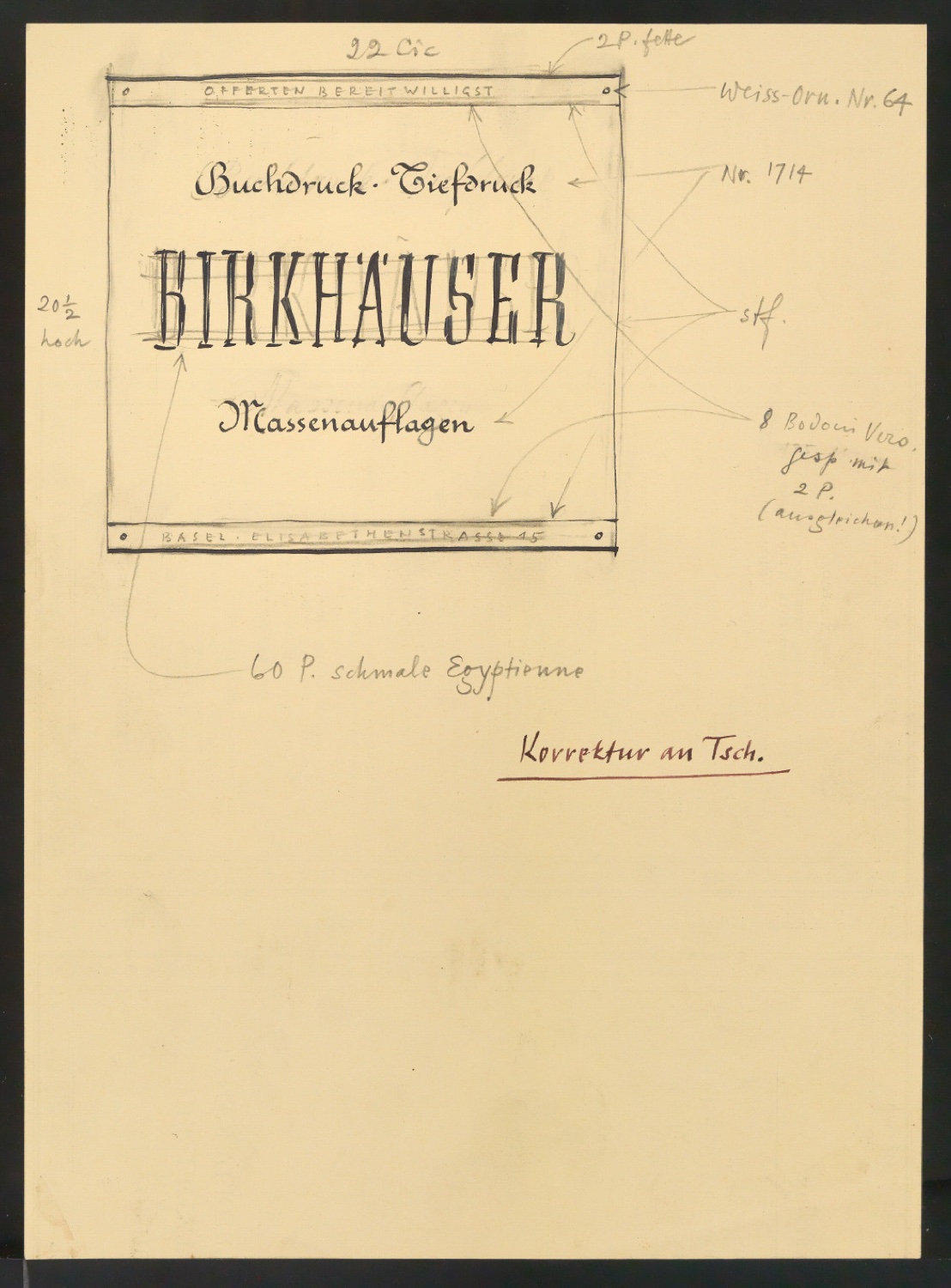 Entwurfsskizze und Probedruck für Werbeanzeige Offerten Birkhäuser Massenauflagen — Blatt 5