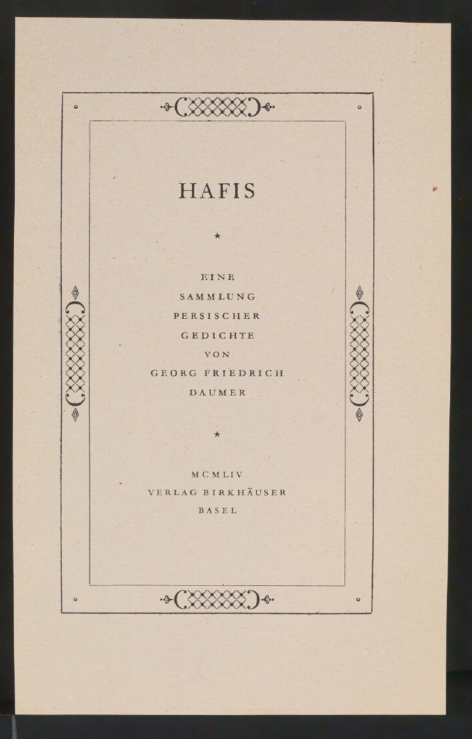 Probedrucke von Titelblatt und Probeseiten für Hafis — Blatt 1
