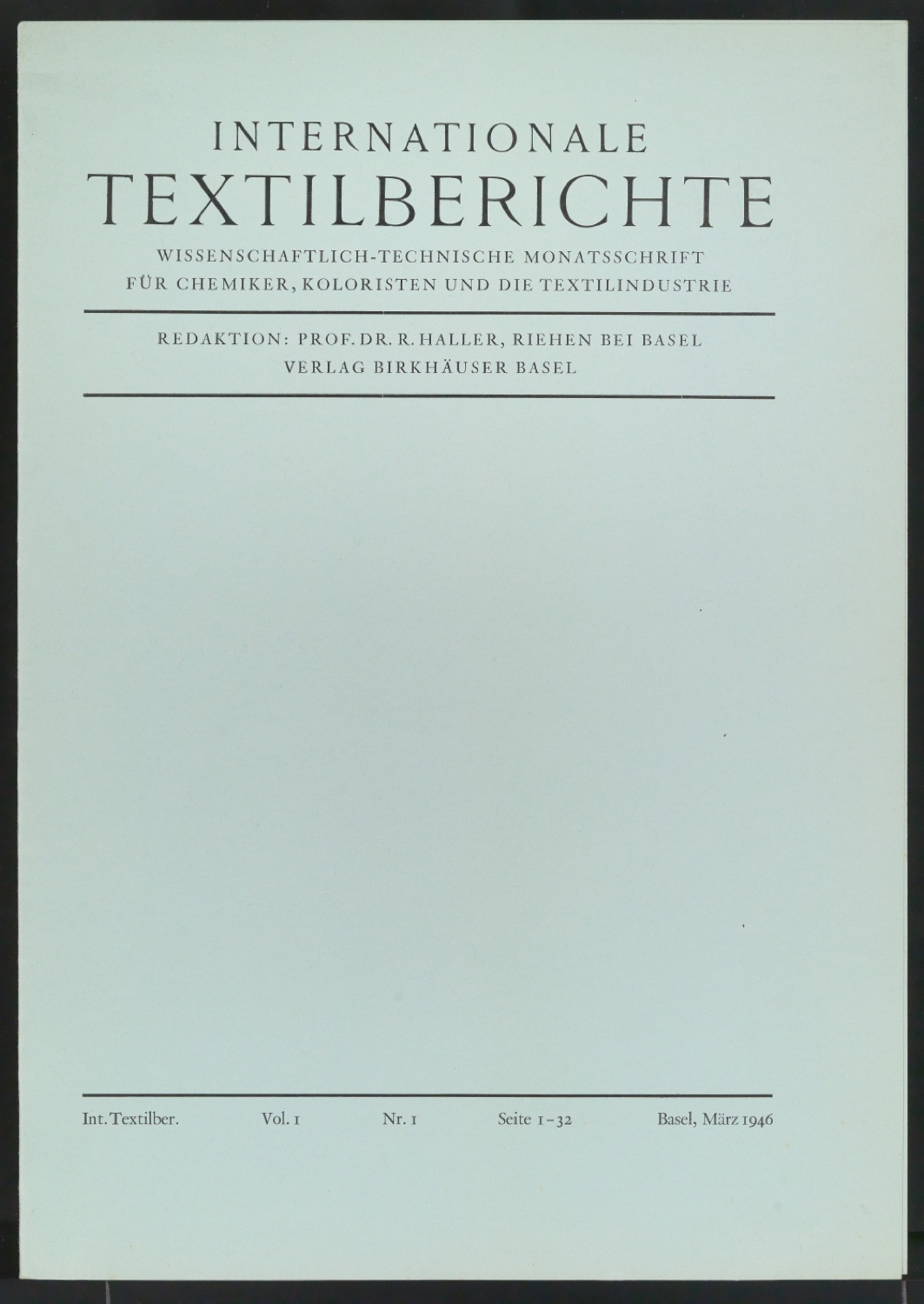 Probedruck für den Umschlag von Textilberichte — Blatt 1