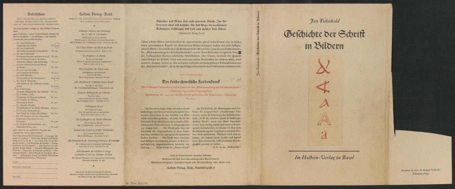 Klebeentwurf für den Schutzumschlag von Geschichte der Schrift in Bildern, 2. Auflage — Blatt 1