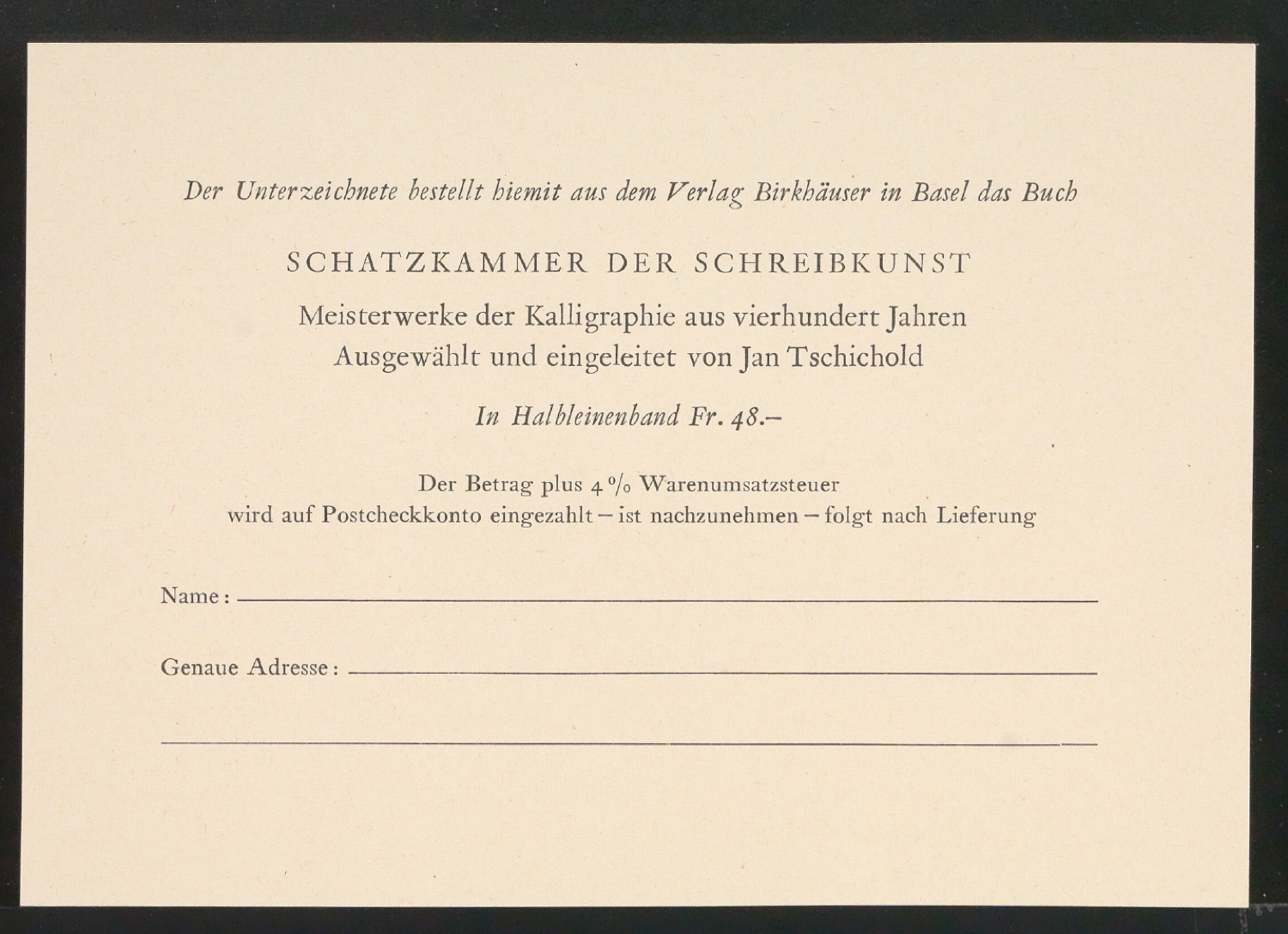 Bestellschein für Schatzkammer der Schreibkunst — Blatt 1