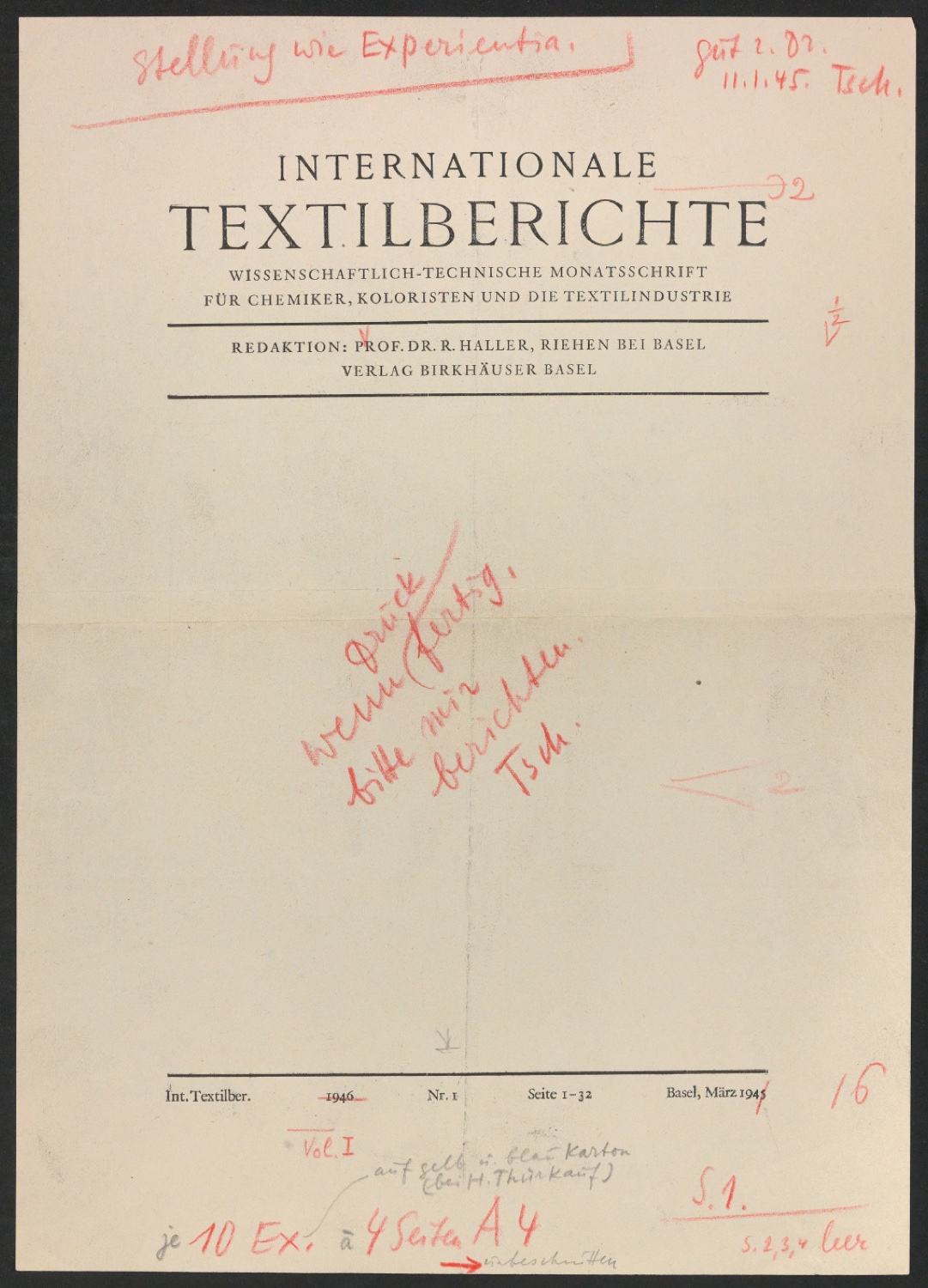 Korrigierte Druckfahne für das Titelblatt von Textilberichte — Blatt 1