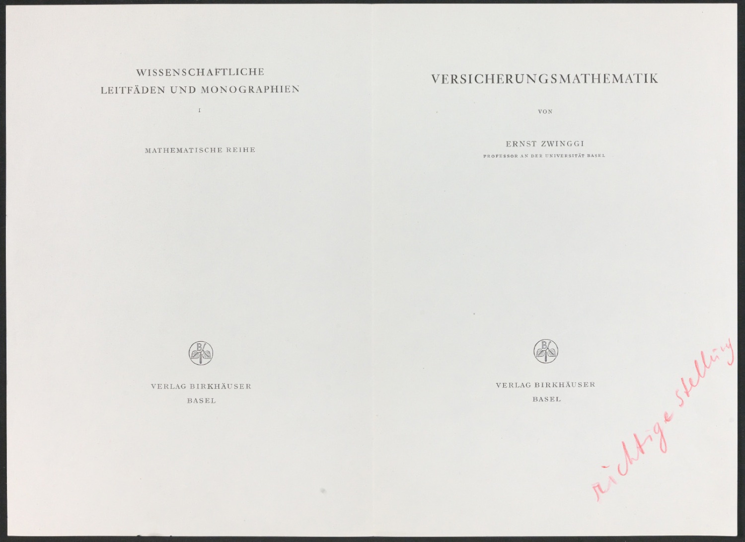 Korrigierte Druckfahnen für das Titelblatt von Versicherungsmathematik — Blatt 2