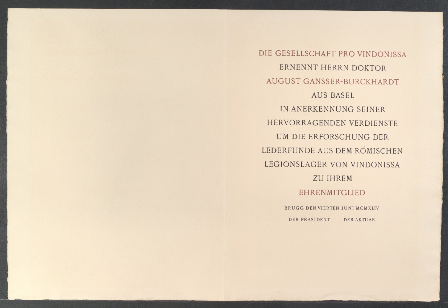 Ernennungsurkunde für August Gansser-Burckhardt zum Ehrenmitglied — Blatt 2
