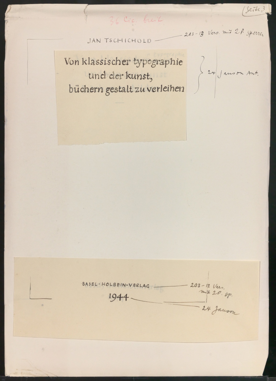 Entwurfsskizze für ein Titelblatt von Von klassischer Typographie und von der Kunst des Buches — Blatt 1