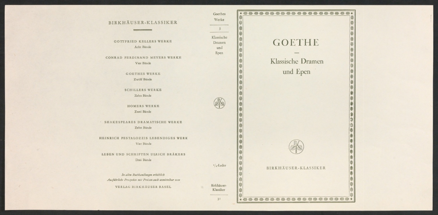 Probedruck für den Schutzumschlag von Goethes Werke, Band 5 — Blatt 1