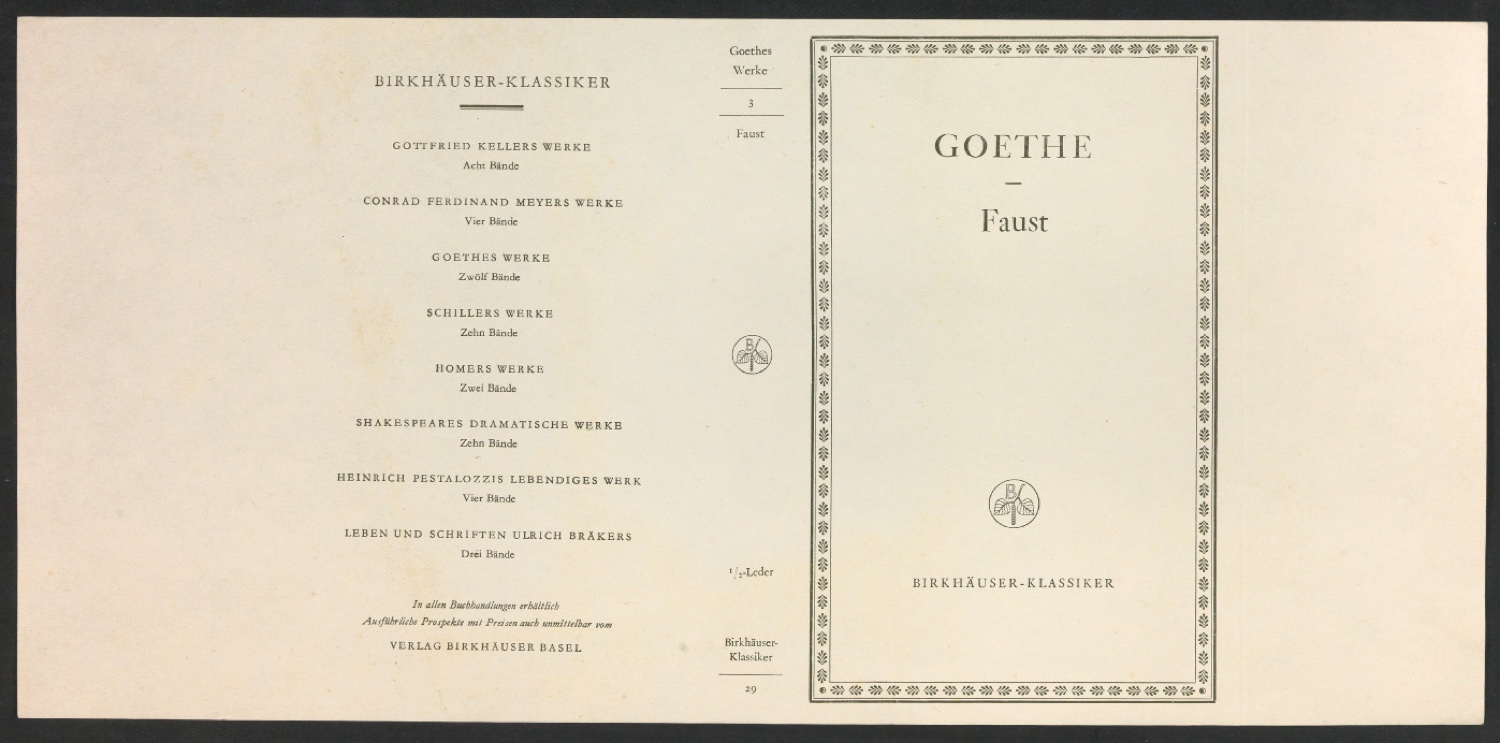 Probedruck für den Schutzumschlag von Goethes Werke, Band 3 — Blatt 1