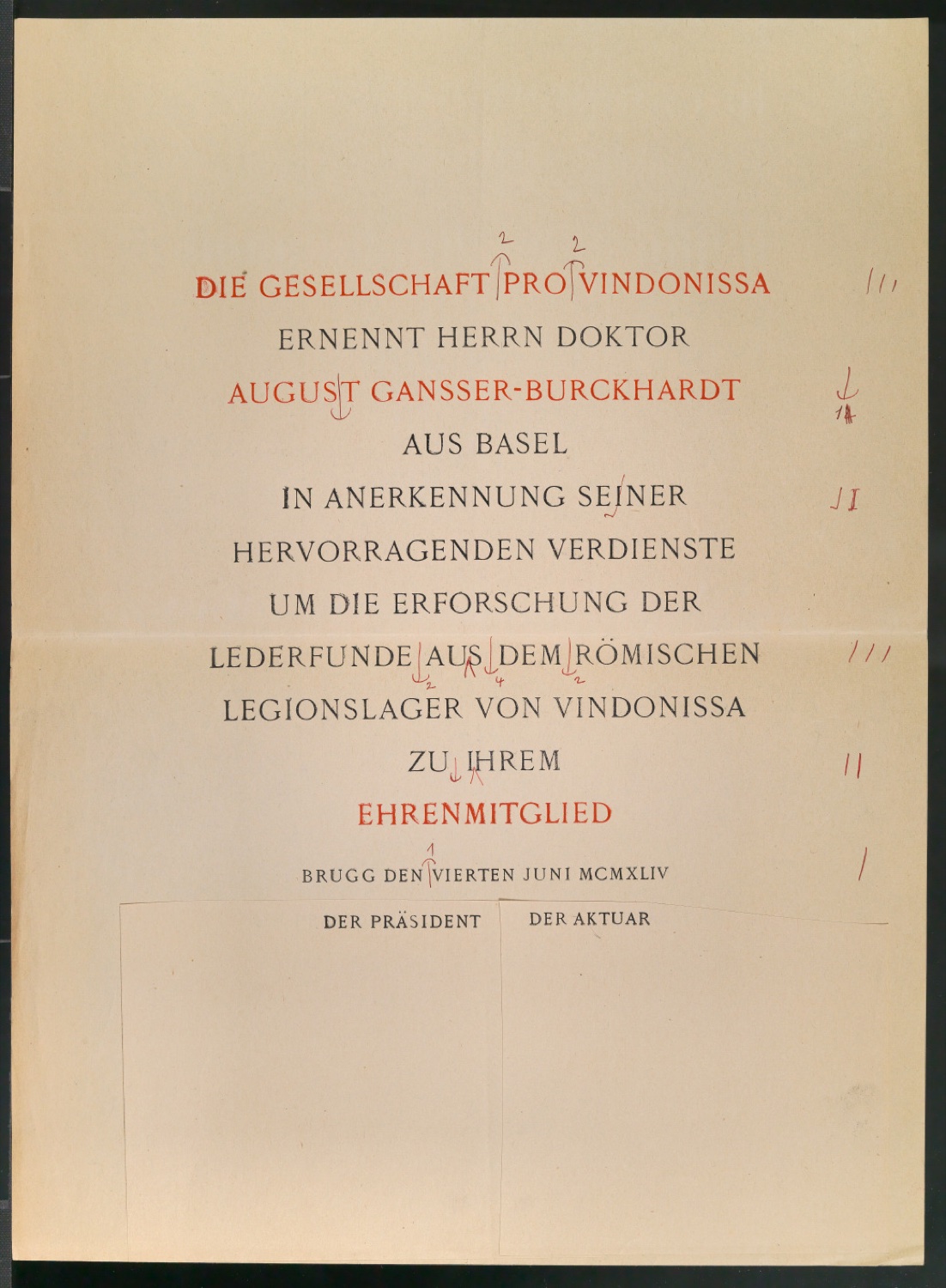 Korrekturfahne von Ernennungsurkunde für August Gansser-Burckhardt zum Ehrenmitglied — Blatt 1