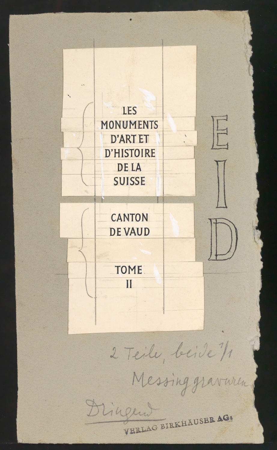Montierter Entwurf für ein Messing-Klischee für den Buchrücken von Les monuments d'art et d'histoire du canton de Vaud — Blatt 1