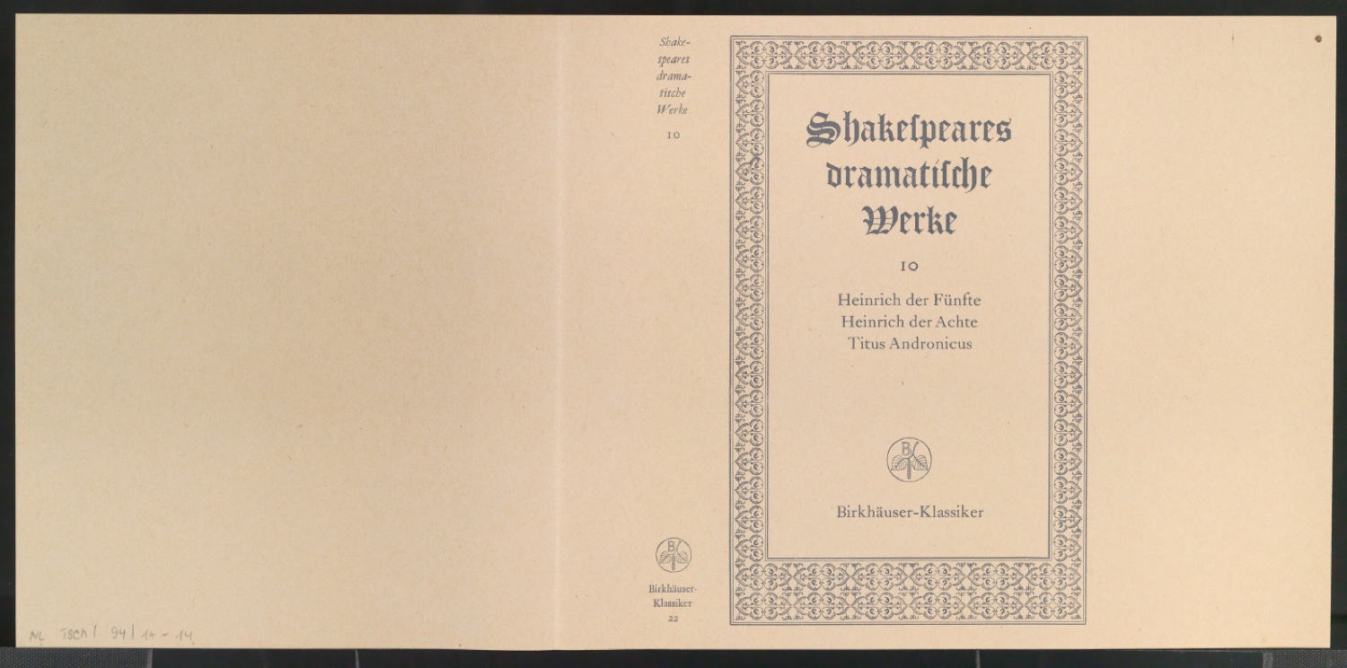 Probedruck für den Schutzumschlag von Shakespeares dramatische Werke, Band 10 — Blatt 1