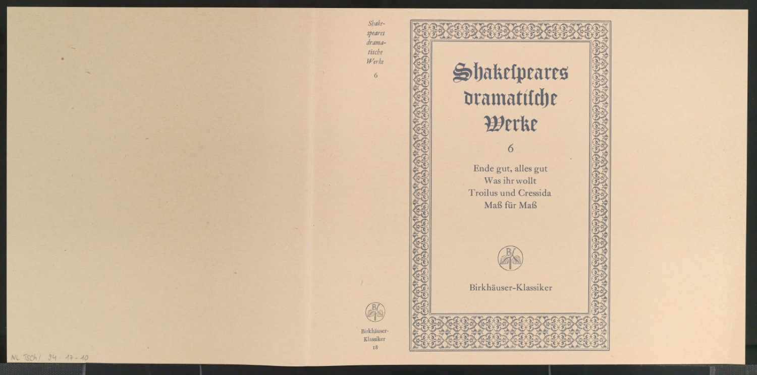 Probedruck für den Schutzumschlag von Shakespeares dramatische Werke, Band 6 — Blatt 1