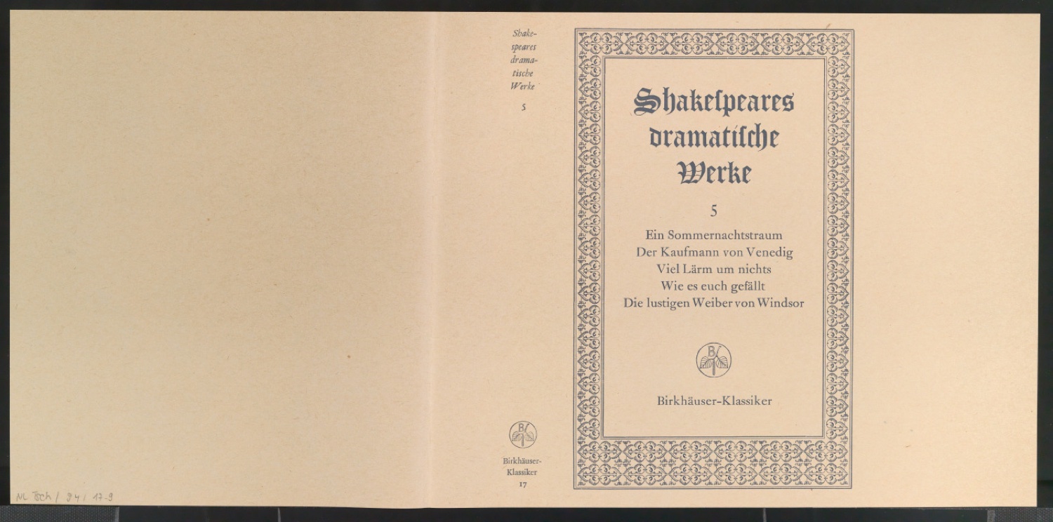 Probedruck für den Schutzumschlag von Shakespeares dramatische Werke, Band 5 — Blatt 1
