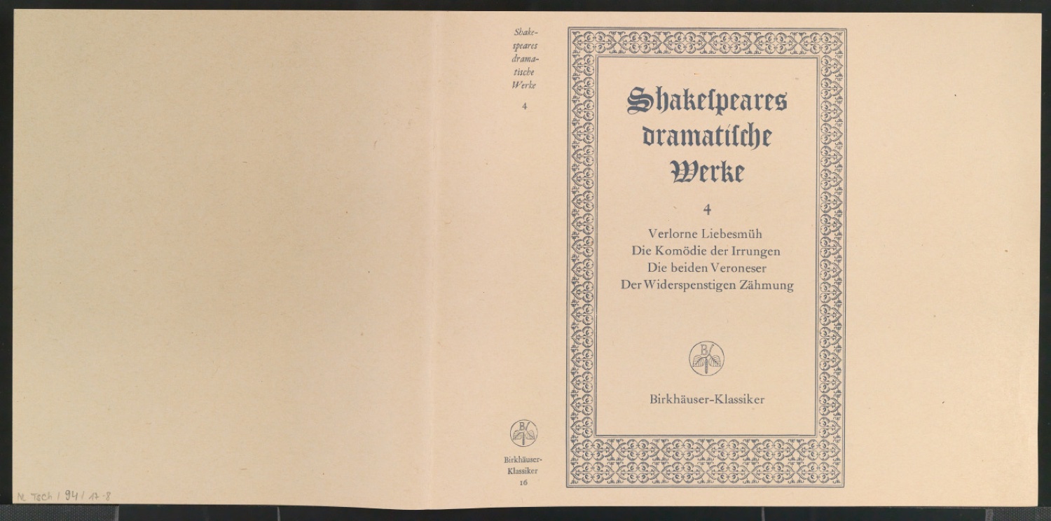 Probedruck für den Schutzumschlag von Shakespeares dramatische Werke, Band 4 — Blatt 1