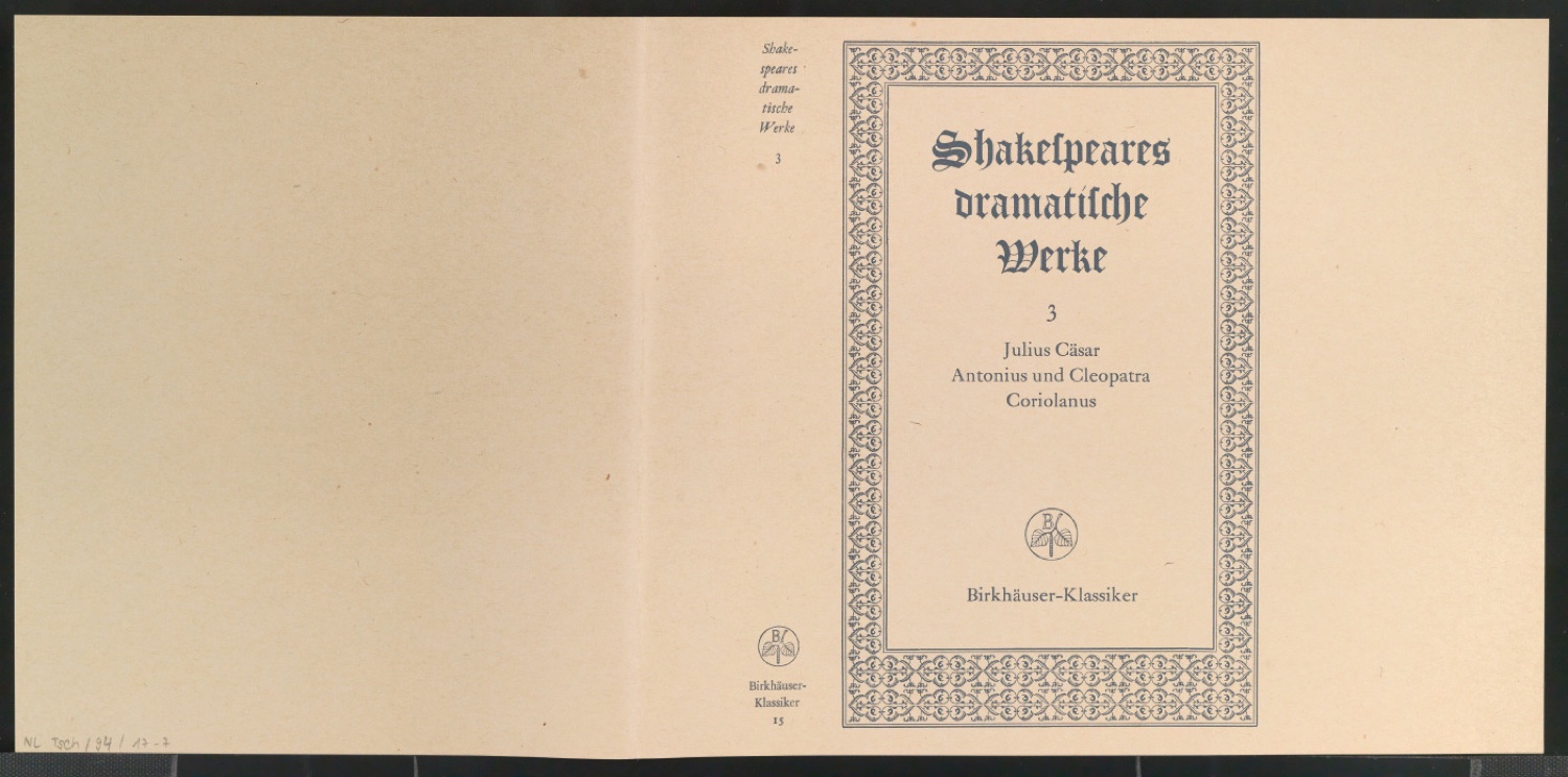Probedruck für den Schutzumschlag von Shakespeares dramatische Werke, Band 3 — Blatt 1