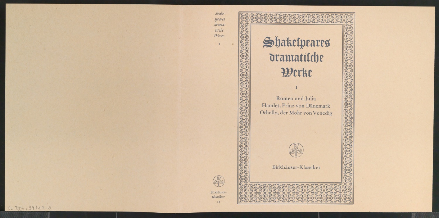 Probedruck für den Schutzumschlag von Shakespeares dramatische Werke, Band 1 — Blatt 1