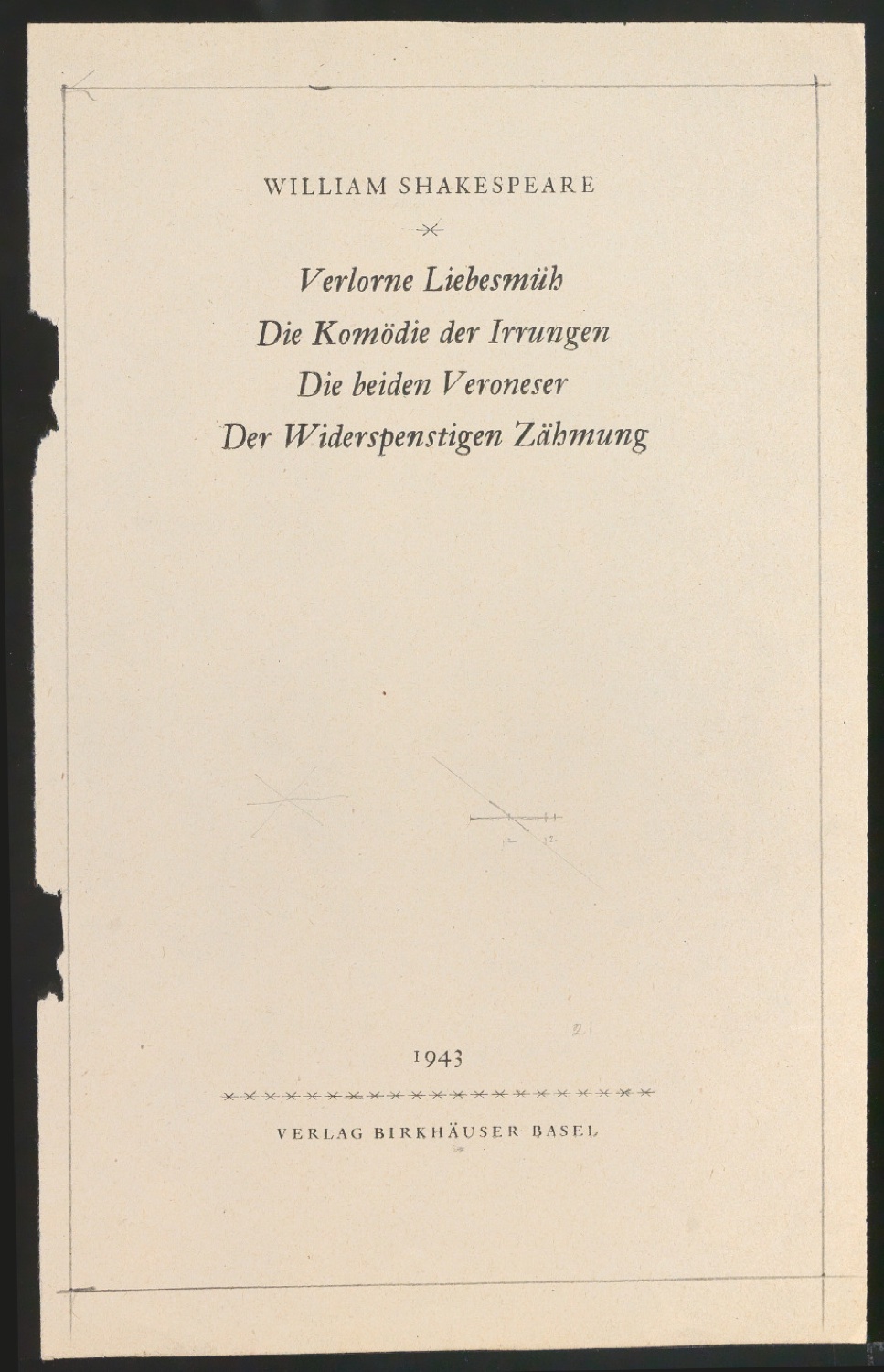 Probedruck von Titelblatt für Shakespeares dramatische Werke, Band 4 — Blatt 1
