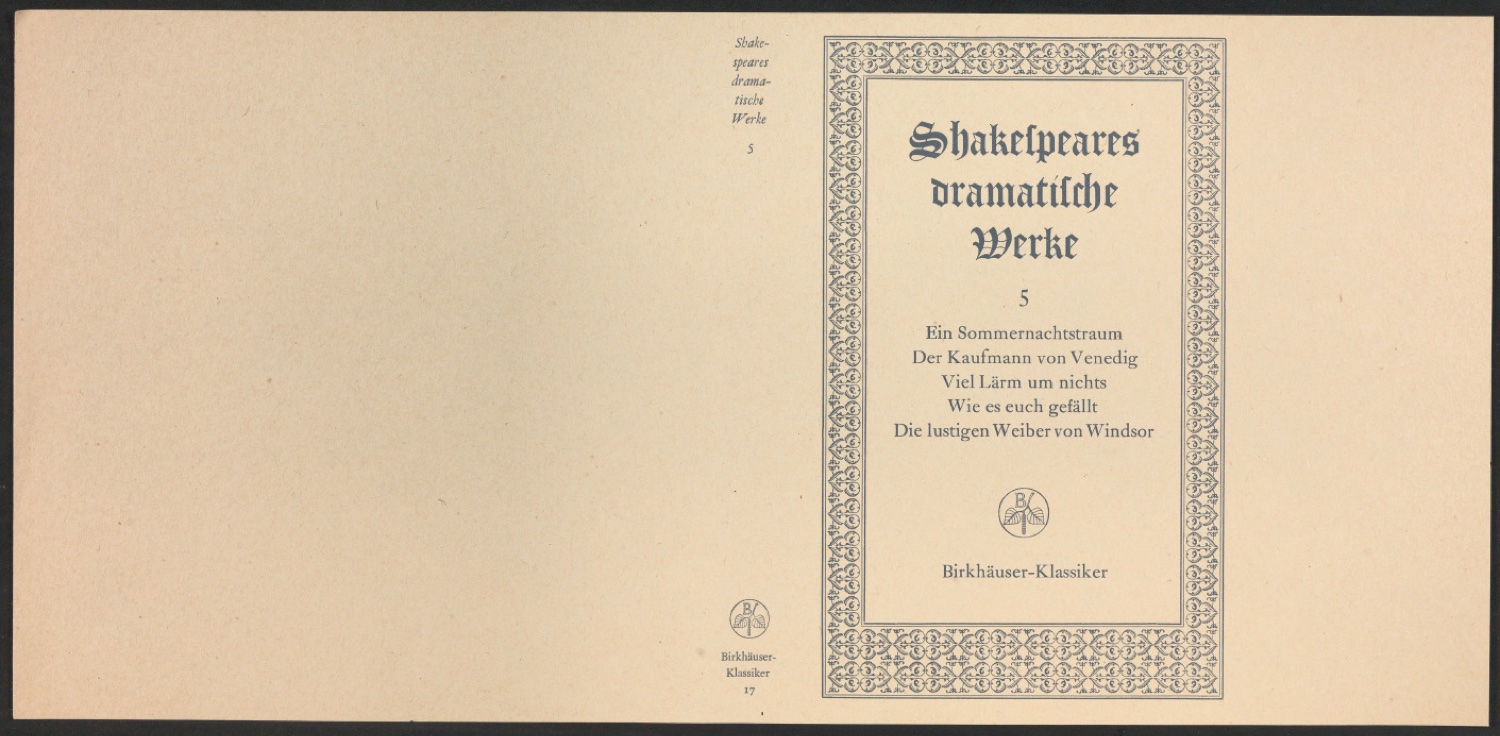 Probedruck für den Schutzumschlag von Shakespeares dramatische Werke, Band 5 — Blatt 1