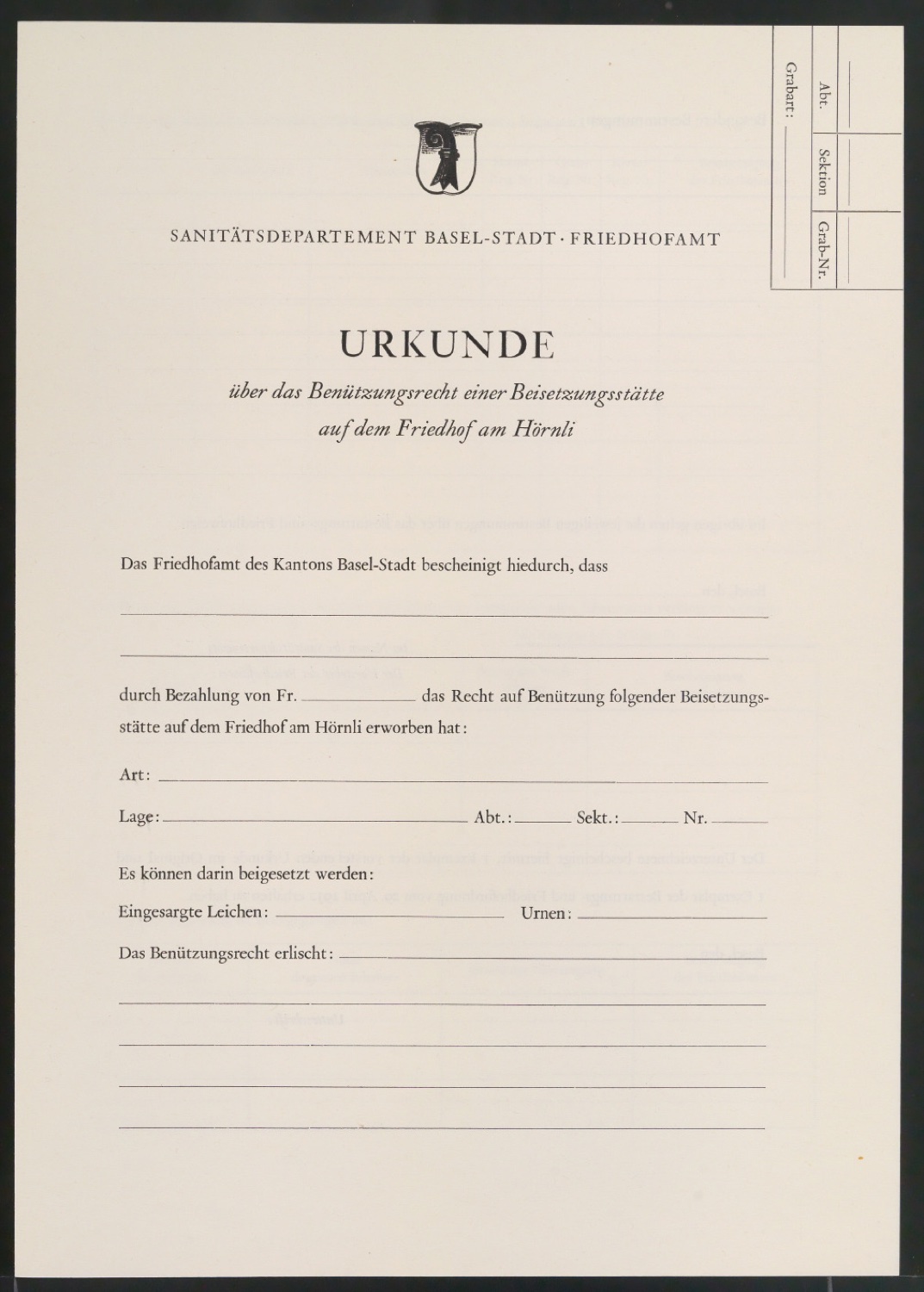 Urkunde über das Benützungsrecht einer Beisetzungsstätte auf dem Friedhof am Hörnli — Blatt 1