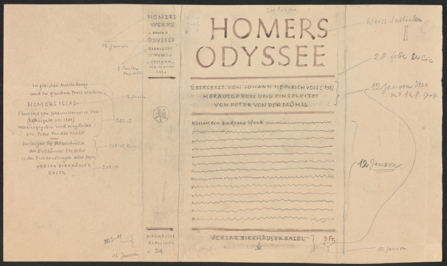 Skizze für den Schutzumschlag von Homers Werke, Band 2, Odyssee — Blatt 1