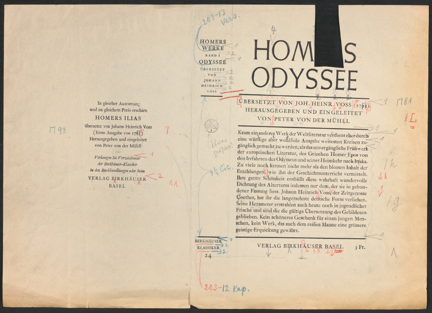 Korrigierte Druckfahne für den Schutzumschlag von Homers Werke, Band 2, Odyssee — Blatt 1