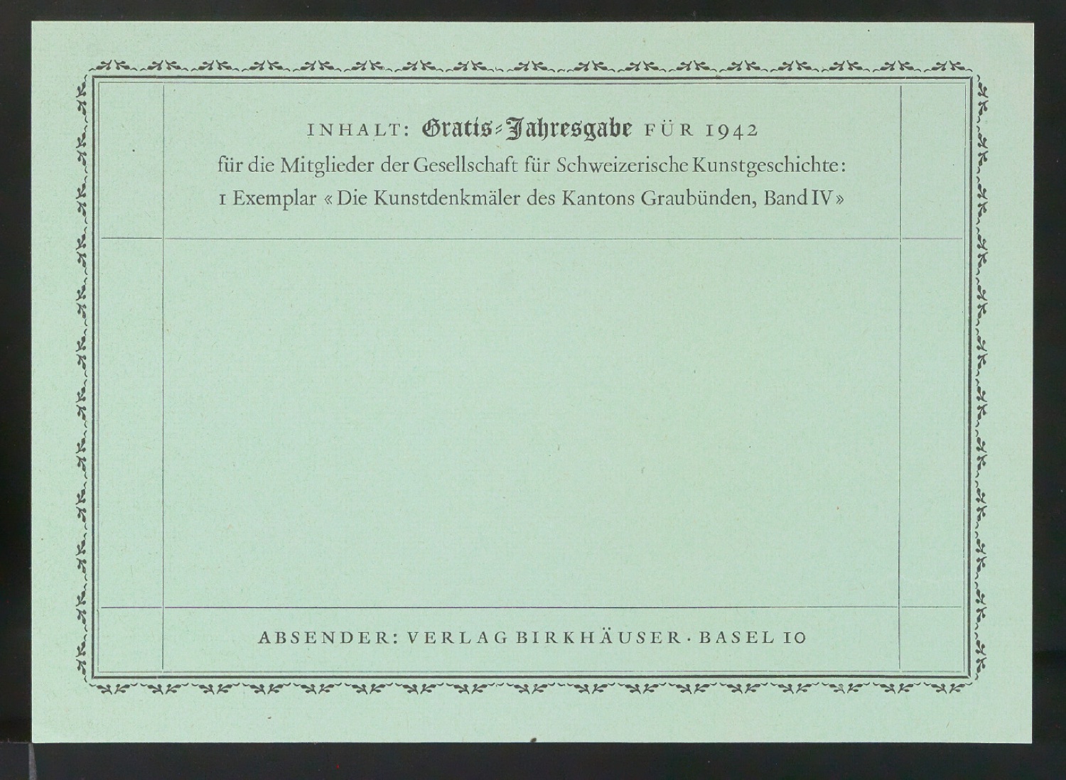 Probedrucke von Adressetikett Gratis-Jahresgabe für 1942 für die Mitglieder der Gesellschaft für Schweizerische Kunstgeschichte — Blatt 1