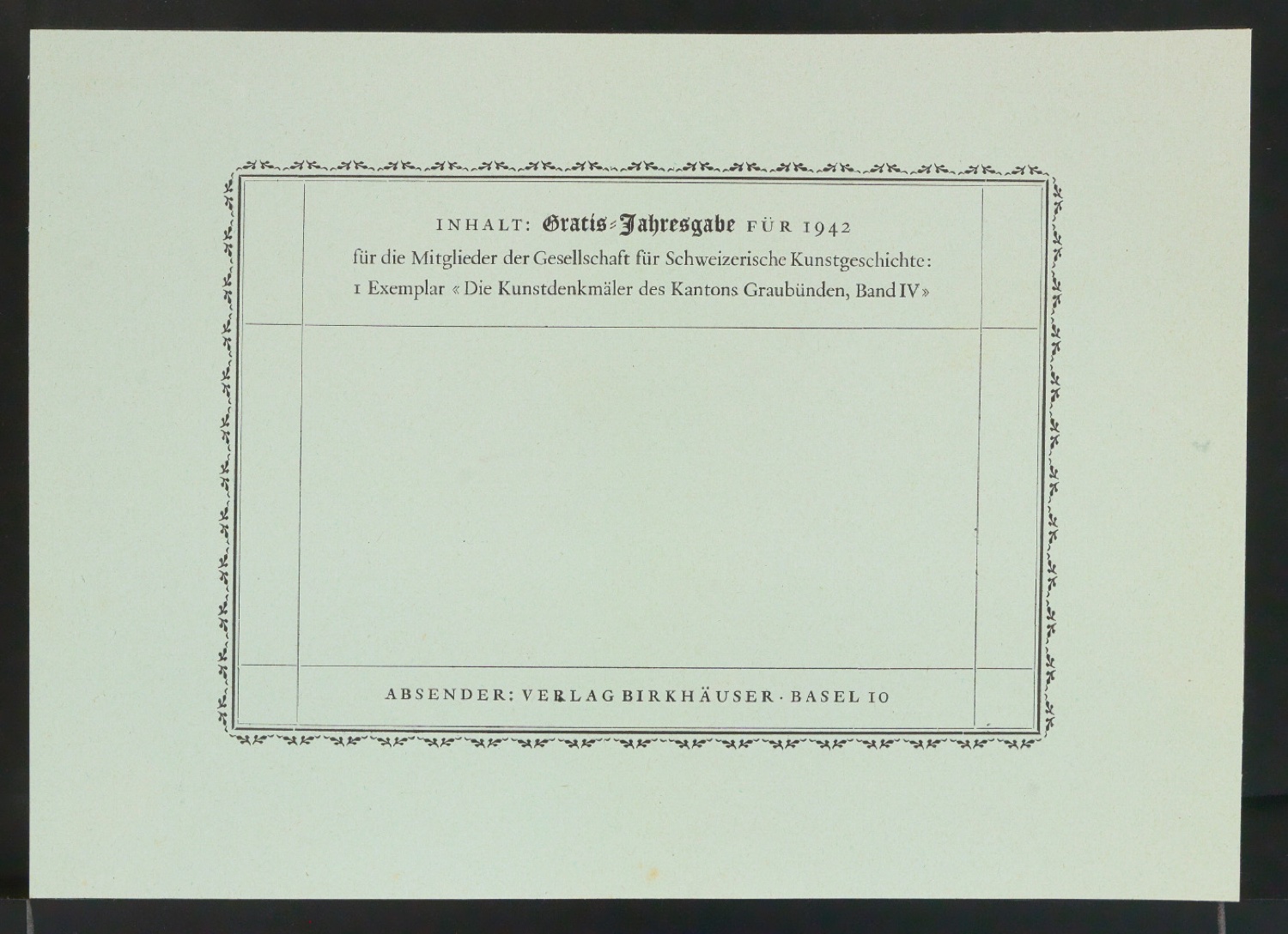 Probedrucke von Adressetikett Gratis-Jahresgabe für 1942 für die Mitglieder der Gesellschaft für Schweizerische Kunstgeschichte — Blatt 3