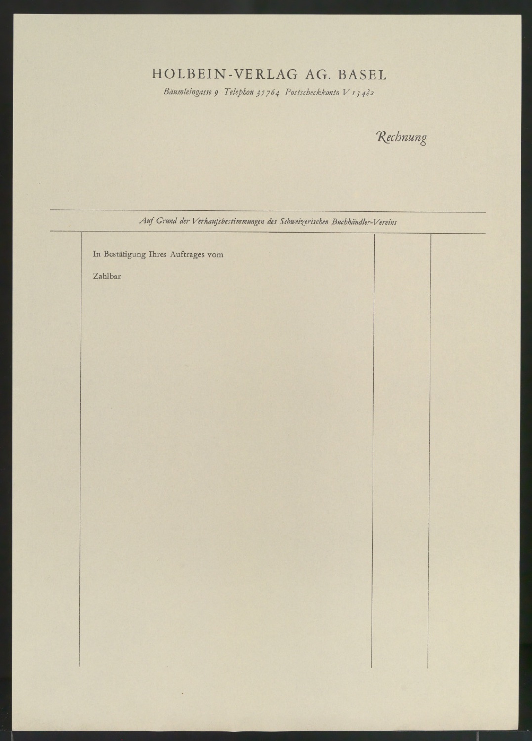 Rechnungsvordrucke für Holbein Verlag — Blatt 1