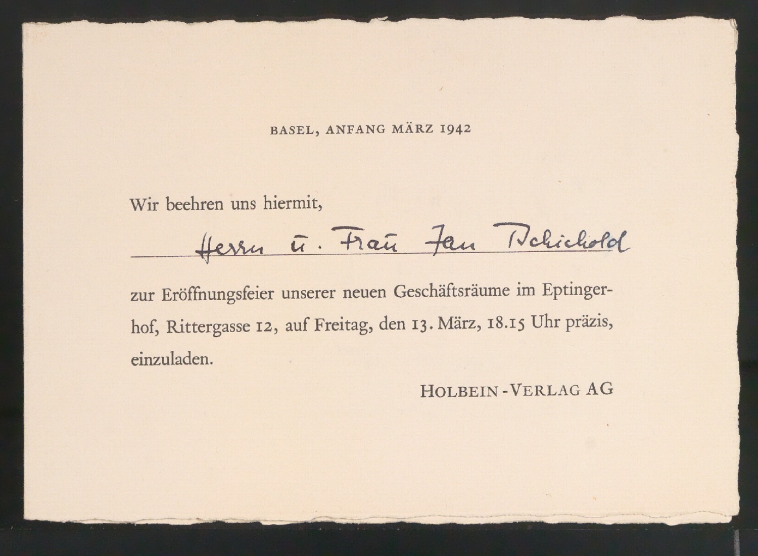 Einladung zur Eröffnungsfeier neuer Geschäftsräume — Blatt 1