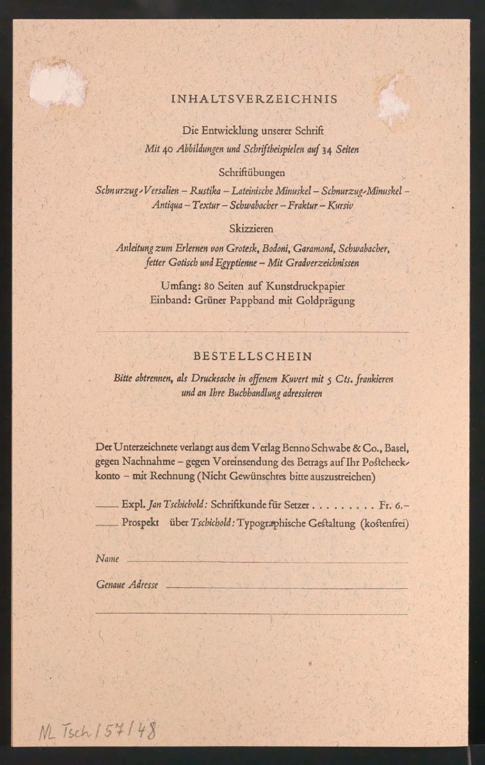 Bestellschein für Schriftkunde, Schreibübungen und Skizzieren für Setzer — Blatt 3