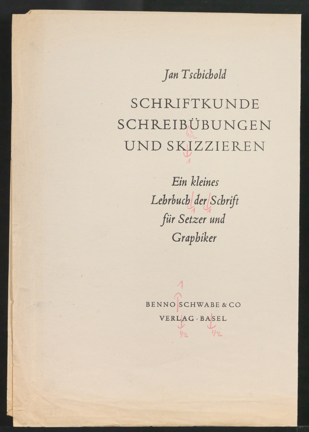 Probedrucke für den Schutzumschlag von Schriftkunde, Schreibübungen und Skizzieren — Blatt 1