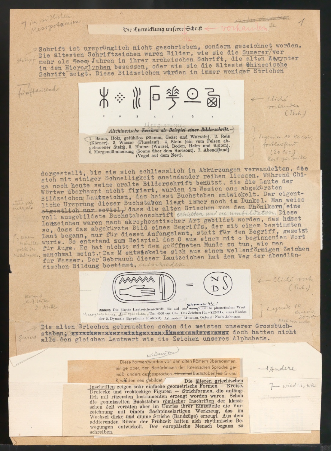 Typoskript mit montierten Illustrationen und Ausschnitten für Schriftkunde, Schreibübungen und Skizzieren für Setzer — Blatt 1