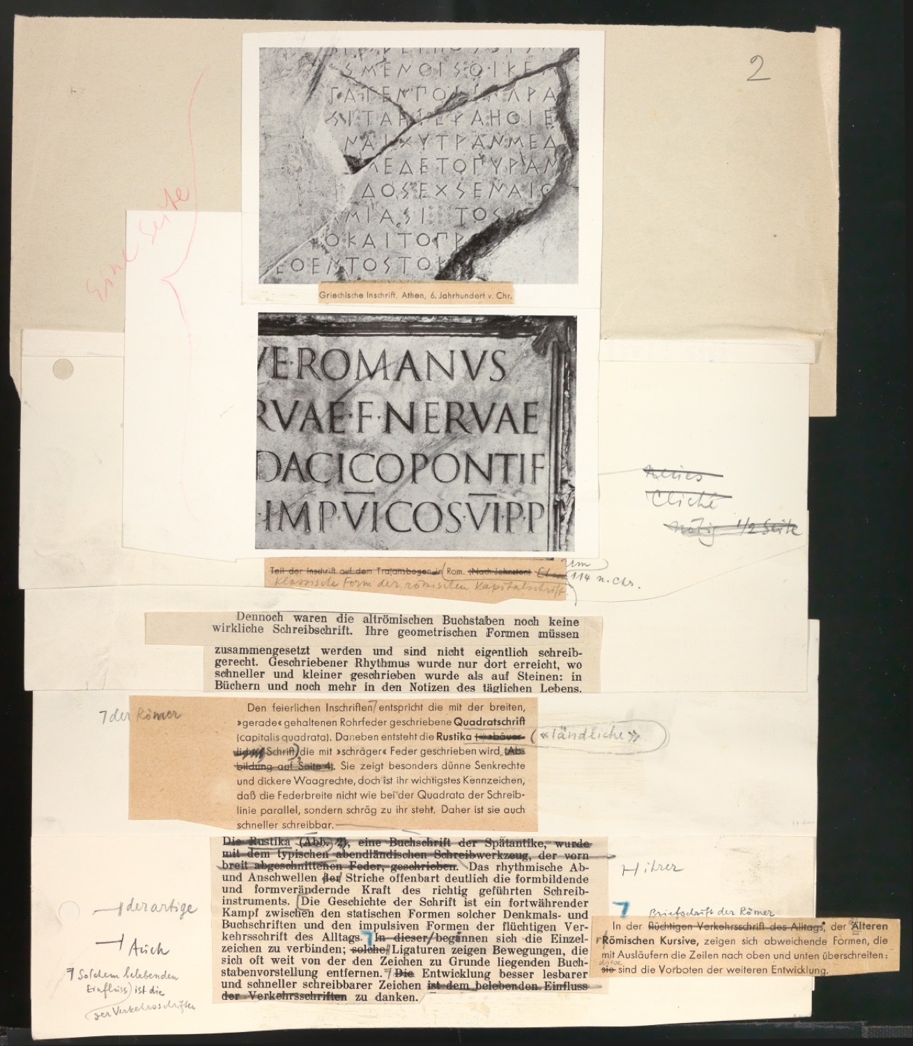 Typoskript mit montierten Illustrationen und Ausschnitten für Schriftkunde, Schreibübungen und Skizzieren für Setzer — Blatt 3