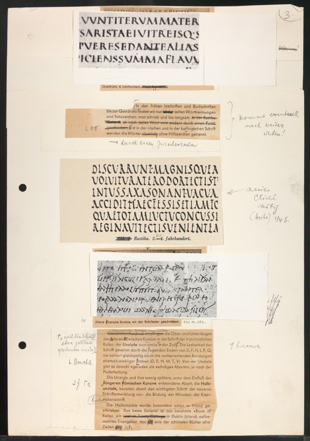 Typoskript mit montierten Illustrationen und Ausschnitten für Schriftkunde, Schreibübungen und Skizzieren für Setzer — Blatt 5