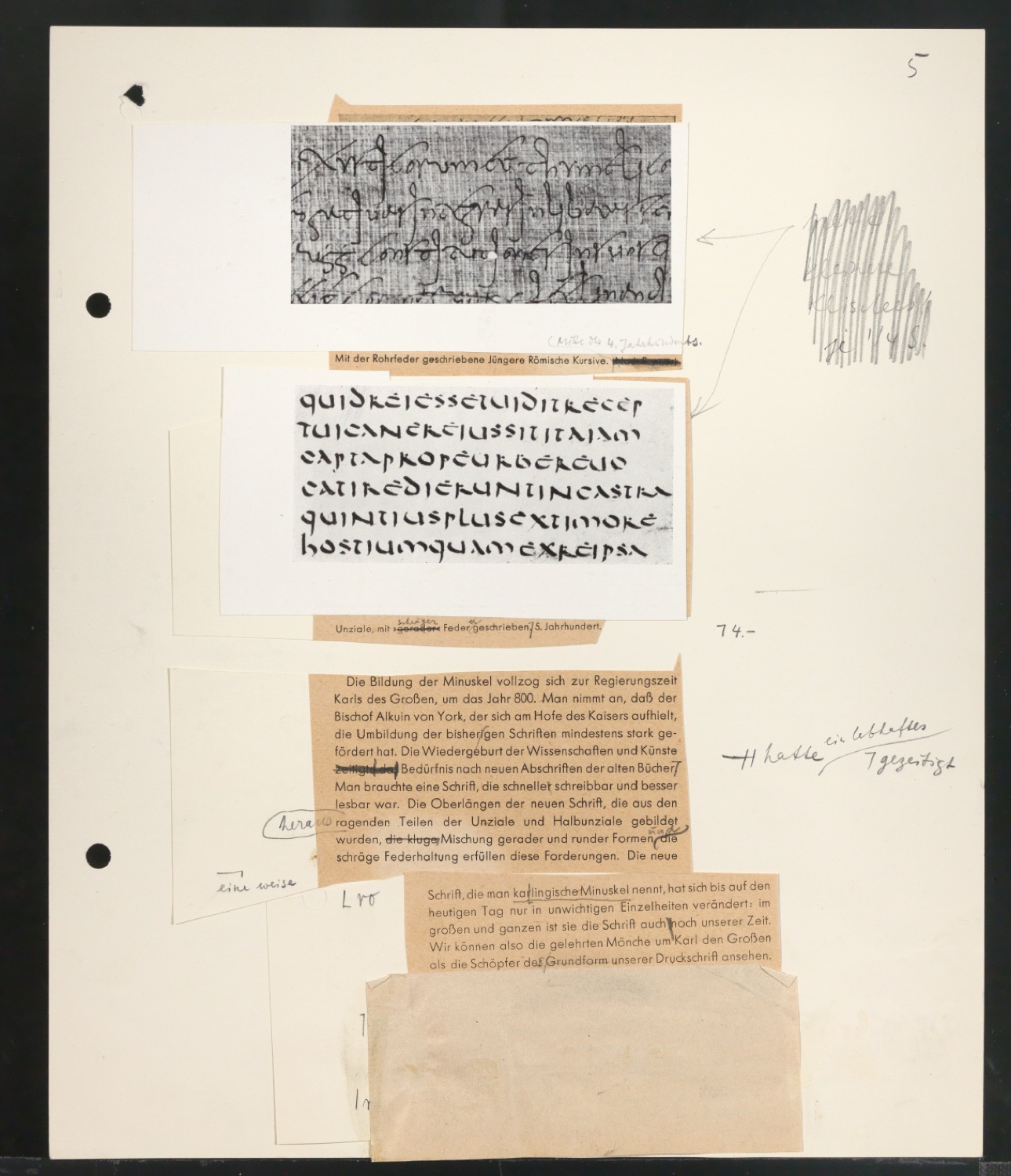 Typoskript mit montierten Illustrationen und Ausschnitten für Schriftkunde, Schreibübungen und Skizzieren für Setzer — Blatt 7