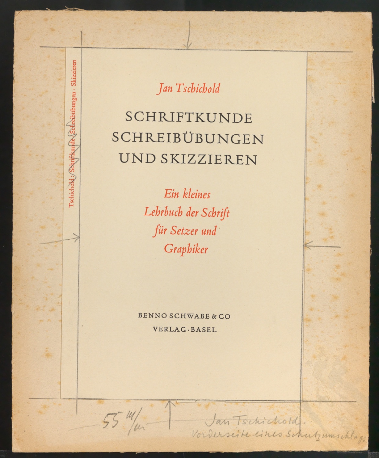 Montierte Vorderseite eines Schutzumschlags für Schriftkunde, Schreibübungen und Skizzieren für Setzer — Blatt 1