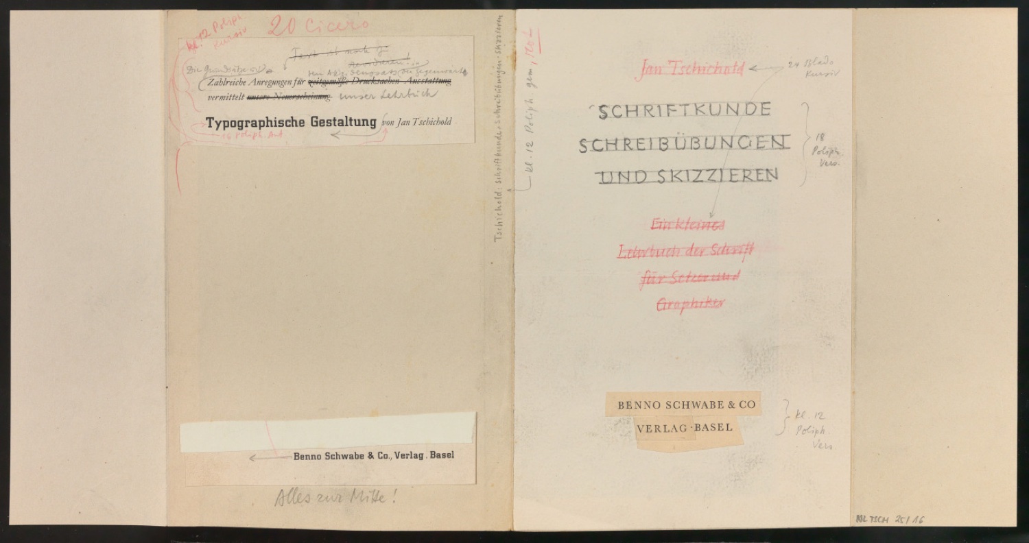 Entwurf für den Schutzumschlag von Schriftkunde, Schreibübungen und Skizzieren für Setzer — Blatt 1