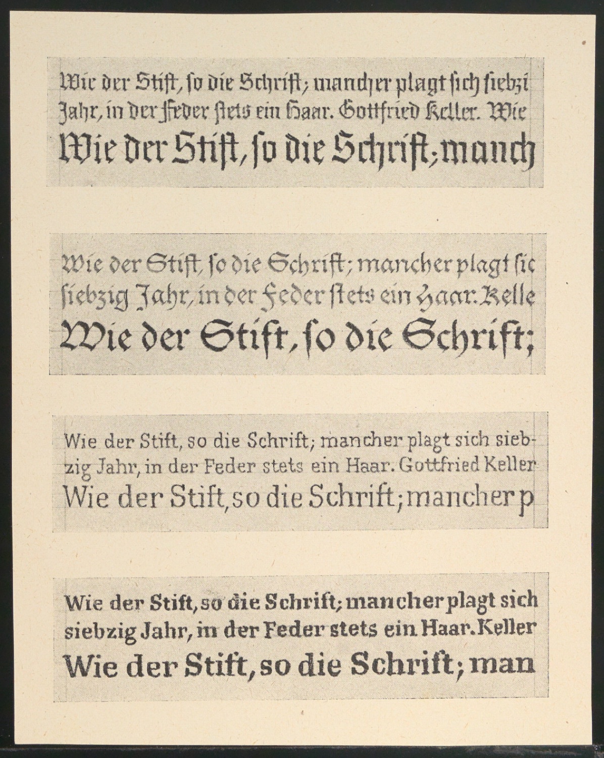 Probedrucke von Schrift-Illustrationen für Schriftkunde, Schreibübungen und Skizzieren für Setzer — Blatt 1