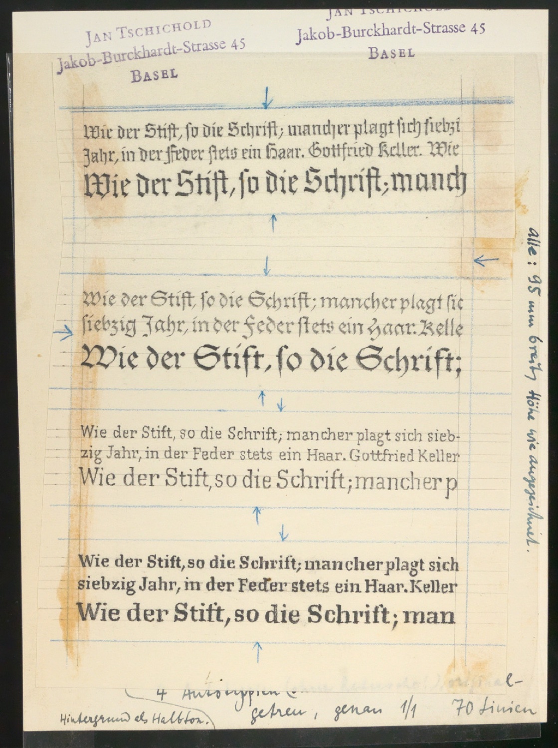 Entwürfe von Schrift-Illustrationen für Schriftkunde, Schreibübungen und Skizzieren für Setzer — Blatt 3